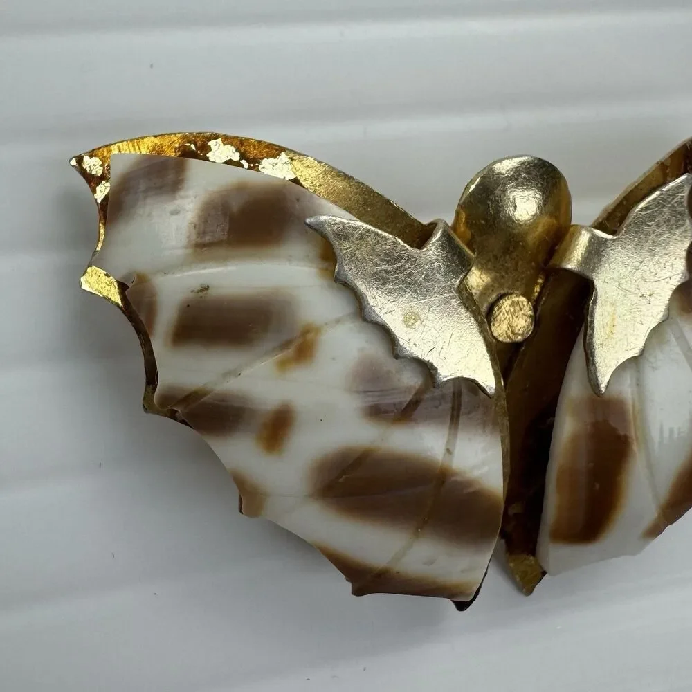 Vintage Butterfly Brooch Gold Tone Shell Wings White Brown Mottled Pin